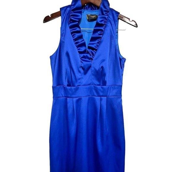 New JUST TAYLOR Royal Blue Satin Formal Dress Sleeveless Ruffle Pleat Collar 6 - Picture 3 of 8